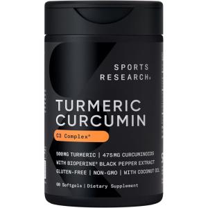 Sports Research® Turmeric Curcumin C3 Complex® w/BioPerine Black Pepper Extract & Organic Coconut Oil – Standardized 95% Curcuminoids · Non-GMO · Gluten Free – 120 Count Softgels(60 Count (Pack of 1))