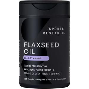 Sports Research Vegan Flaxseed Oil (1200mg) Herbal Supplement with Plant-Based ALA Omega 3 – Vegan Certified & Non-GMO Verified – Gluten, Soy & Carrageenan Free (180 Veggie Softgels)