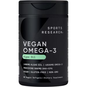 Sports Research Vegan Omega-3 Fish Oil Alternative from Algae Oil – Highest Levels of Vegan DHA & EPA Fatty Acids | Non-GMO Tested & Vegan Certified – 60 Veggie Softgels (Carrageenan Free)