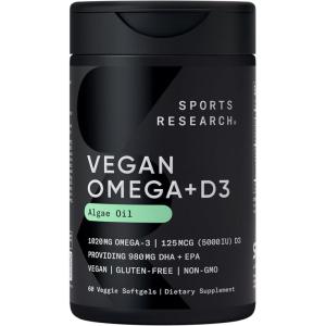 Sports Research Vegan Omega-3 with Vitamin D3 Softgels – 1020mg Omega-3 & 5000iu D3 Supplement – Fish Oil Alternative with Vitamin D Plant-Based Support from Algae Oil – 60 Veggie Softgels for Adults