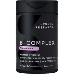 Sports Research® Vitamin B-Complex – Full Spectrum of B Vitamins with Methylated B12 & Folate – Gluten Free · Plant-Based · Non-GMO · Vegan-Friendly Formula – 120 Veggie Softgels(60 Count (Pack of 1))