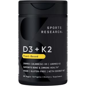 Sports Research® Vitamin D3 + K2 with 10,000iu of Plant-Based D3 & 100mcg of Vitamin K2 as MK-7 | Non-GMO Verified & Vegan Certified 60ct
