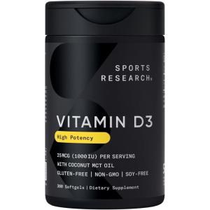 Sports Research® Vitamin D3 1000 IU with Coconut MCT Oil – High Potency Vitamin D Supplement for Immune & Bone Support – Gluten Free · Non-GMO · Soy Free – 360 Count Softgels(360 Count (Pack of 1))