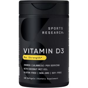 Sports Research® Vitamin D3 1000 IU with Coconut MCT Oil – High Potency Vitamin D Supplement for Immune & Bone Support – Gluten Free · Non-GMO · Soy Free – 360 Count Softgels(120 Count (Pack of 1))