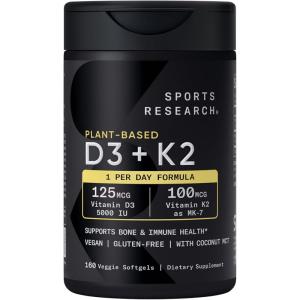 Sports Research Vitamin D3 K2 with 5000iu of Plant-Based D3 & 100mcg of Vitamin K2 as MK-7, Non-GMO Verified & Vegan Certified – 160 Liquid Softgels