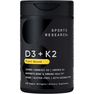 Sports Research Vitamin D3 with K2 Softgels – Plant Based K2 & Vegan D3 5000iu with Coconut MCT Oil – Vegan Certified, Soy & Gluten Free – 120 Count(120 Count (Pack of 1))