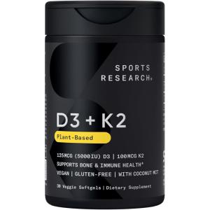 Sports Research Vitamin D3 with K2 Softgels – Plant Based K2 & Vegan D3 5000iu with Coconut MCT Oil – Vegan Certified, Soy & Gluten Free – 120 Count(30 Count (Pack of 1))