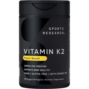 Sports Research® Vitamin K2 as MK-7 100mcg with Coconut MCT Oil – 60 Veggie Softgels (2 Month Supply) Vegan Certified, Non-GMO Verified, Gluten & Soy Free(120 Count (Pack of 1))