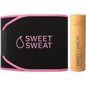 Sports Research Waist Trimmer Pack – Sweet Sweat Waist Trimmer (Black/Pink, Medium) & Workout Enhancer Roll-On Gel (Tropical Scent)