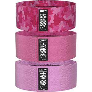 Sweet Sweat Hip Bands with 3 Levels of Resistance | Non-Slip Fabric Booty Bands for Squats & Lunges | Includes Free Mesh Carrying Bag(Pink Hip Bands)