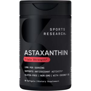 Sports Research® Triple Strength Astaxanthin 12mg w/Organic Coconut Oil – Antioxidant Supplement for Skin & Eye Health Support* – Soy Free · Non-GMO · Gluten Free – 60 Softgels