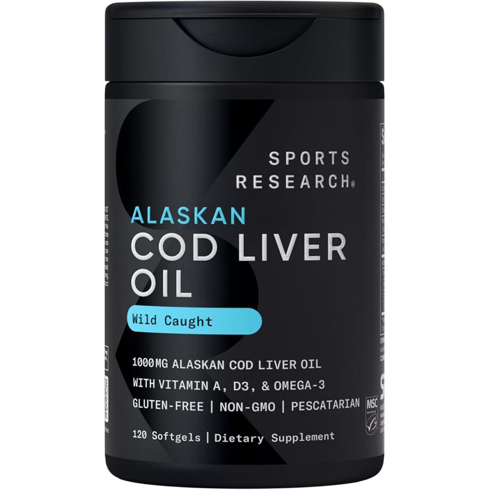 image:imageSports Research Omega3 Wild Alaskan Cod Liver Oil 1000mg with Vitamins A 1000 IU amp D3 400 IU  Burpless Bovine Free NonGMO amp MSC Certified Sustainable  120 Softgels