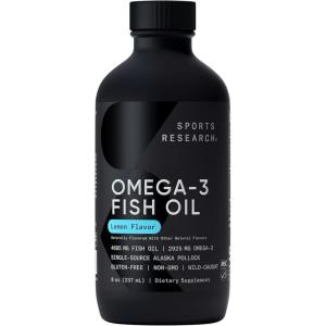 Sports Research® Omega-3 Fish Oil, 8oz Glass Bottle – 4685mg of Wild Caught Alaska Pollock Fish Oil per Serving – Easy-to-Take Liquid · Lemon Flavor · Non-GMO · MSC Certified Sustainable – 48 Servings