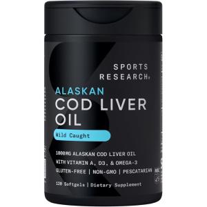 Sports Research® Omega-3 Wild Alaskan Cod Liver Oil 1000mg with Vitamins A (1000 IU) & D3 (400 IU) – Burpless, Bovine Free, Non-GMO, & MSC Certified Sustainable – 120 Softgels