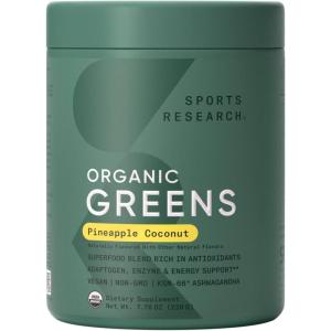 Sports Research® Organic Greens Superfood Powder w/Spirulina & Chlorella, Adaptogens, Enzymes, Probiotics & 8 VIT Bs for Gut & Mood Support* – Vegan, Sugar-Free & Low-Cal Original 30 Servings(Pineapple Coconut)