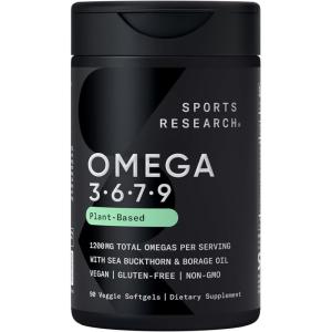 Sports Research® Vegan Omega 3-6-7-9 – 1200 mg of Multi-Spectrum Omega Fatty Acids Certified Non-GMO Formula with Sea Buckthorn & Borage Oil – 90 Veggie Softgels