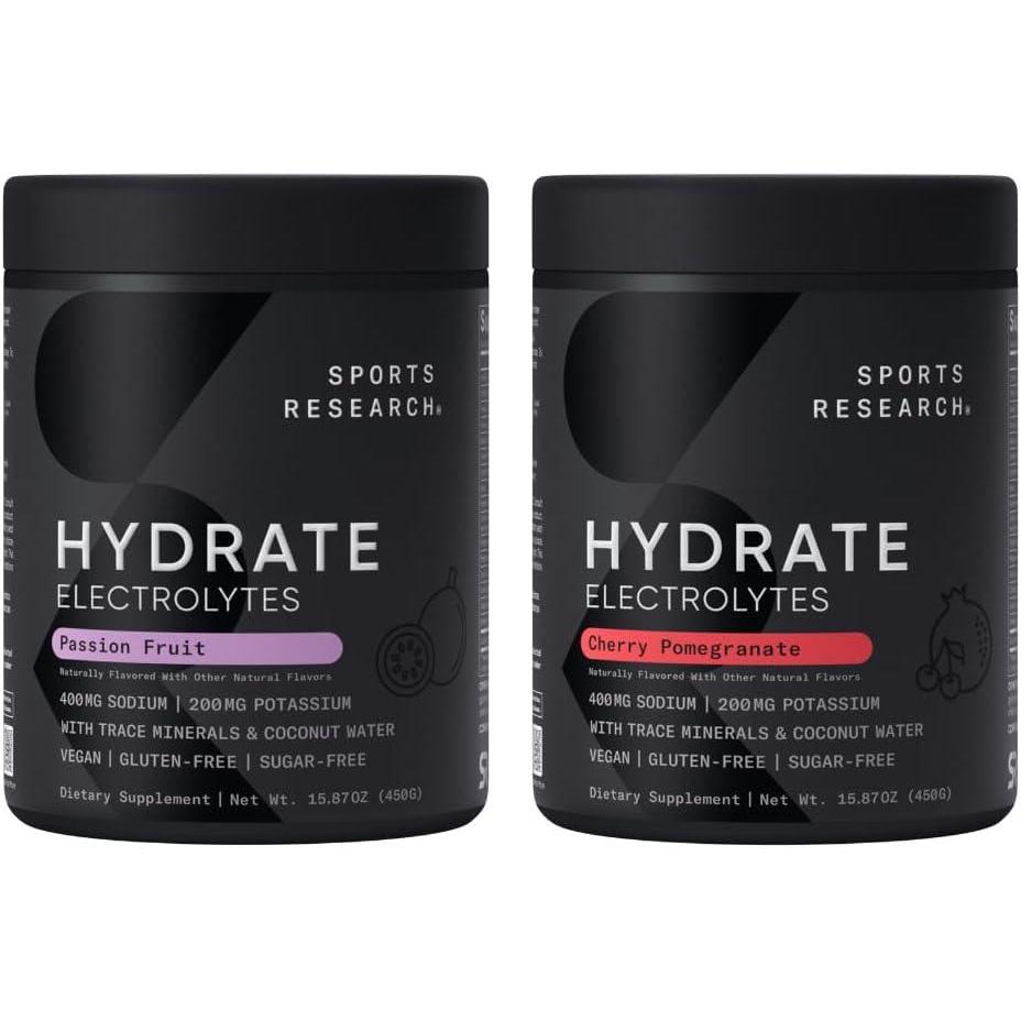image:imageSports Research Hydrate Electrolytes Powder  SugarFree amp Naturally Flavored with Vitamins Minerals and Coconut Water  Supports Hydration  Passion Fruit amp Cherry Pomegranate