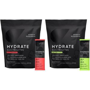 Sports Research Hydrate Electrolytes Dynamic Duo – Sugar-Free & Naturally Flavored with Vitamins, Minerals, and Coconut Water – 32 Hydration Packets of Cherry Pomegranate & Lemon Lime