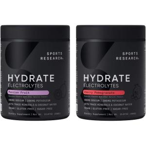 Sports Research Hydrate Electrolytes Powder – Sugar-Free & Naturally Flavored with Vitamins, Minerals, and Coconut Water – Supports Hydration – Passion Fruit & Cherry Pomegranate