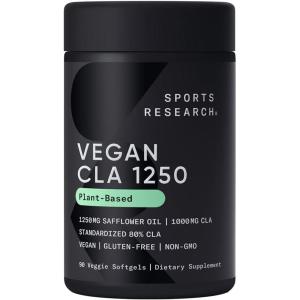 Sports Research Vegan CLA – 1250mg with Active Conjugated Linoleic Acid for Men & Women | Non-GMO, Soy & Gluten Free – 80% (90 Softgels)