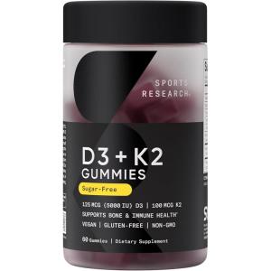 Sports Research® Vegan Vitamin D3 + K2 Sugar-Free Gummies – 125mcg (5000iu) Vitamin D w/ 100mcg Mk7 Vitamin K – Supports Bone & Immune Health* – Vegan Certified · Non-GMO · Soy Free – 60 Count